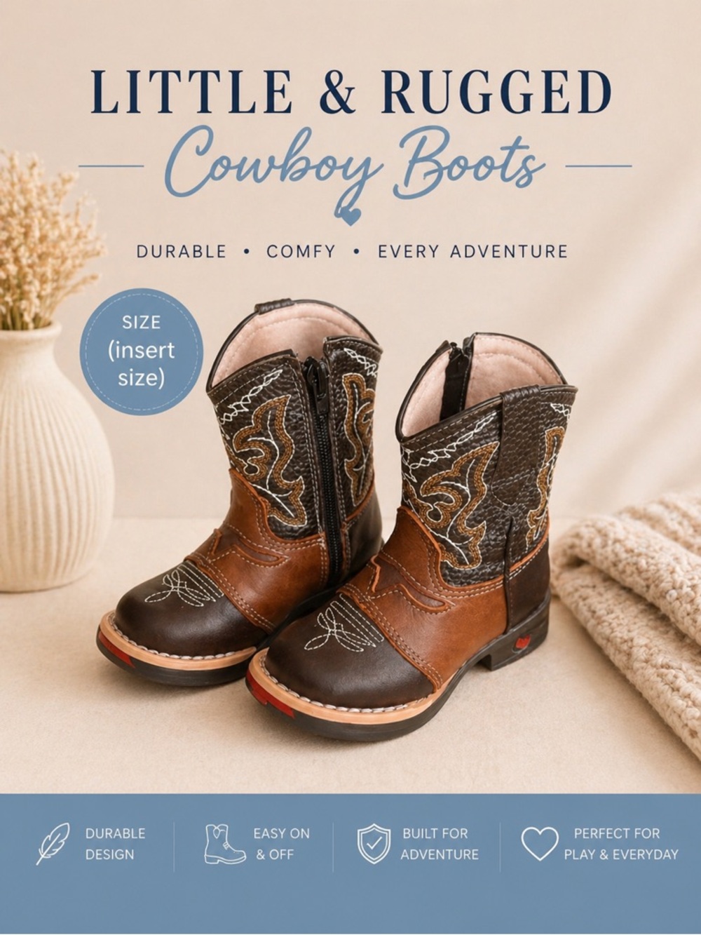 Kids Two-Tone Brown Leather Cowboy Boots with Embroidered Shaft